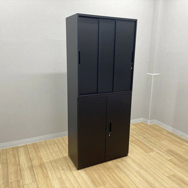 樂天商城 - 【中古】 両開き書庫 3枚スライド扉 上下書庫セット L6 ブラックタイプ スチールキャビネット オフィス プラス ブラック