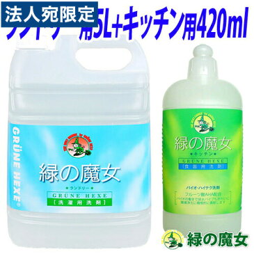 緑の魔女 洗剤セット (ランドリー用 液体洗剤 5L・キッチン用 液体洗剤 420ml) 業務用洗剤OT