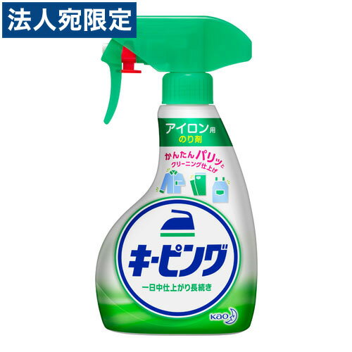 【必ずお読みください】お届け先の氏名に必ず法人名・屋号を記載ください。なお個人のお客様でもお届け先の氏名が法人名であればご注文いただけます。誤ってお届け先の氏名を個人名でご注文いただいた場合は、キャンセルさせていただきますのでご了承ください。アイロンがけの時に手軽にのりづけができるスプレータイプののり剤。衣類をパリッと仕上げて、仕上がりが長持ちします。エリ・そでなど、部分仕上げにも。エリ・そでの汚れもつきにくくなります。高温でもこげつきません。【成分】水、耐熱性ポリマー、プロピレングリコール、水溶性ポリマー、シリコーン、防腐剤、香料【使用上の注意】●衣料の絵表示を必ず確認してください。絹・レーヨン・水洗いできないものには使わないでください。●用途外に使わないでください。●子供の手の届く所に置かないでください。●認知症の方などの誤飲を防ぐため、置き場所に注意してください。●換気をよくして使ってください。吸入しないよう注意してください。●衣料によってはシミになることがあるので、目立たない所で試してください。シミになった場合、水洗いで落ちます。●本品をアイロンに入れて使わないでください。●目に入った時は、こすらずすぐ流水で洗い流してください。●飲み込んだ時は、吐かずに口をすすぎ、水を飲む等の処置をしてください。●気分が悪くなった時は、使用を中止してください。異常が残る場合は医師に相談してください。■商品詳細メーカー名：花王シリーズ名：キーピング内容量：400ml用途：衣料品用購入単位：1個配送種別：在庫品※リニューアルに伴いパッケージや商品名等が予告なく変更される場合がございますが、予めご了承ください。※モニターの発色具合により色合いが異なる場合がございます。【検索用キーワード】4901301026507 14901301026504 SK4673 sk4673 花王 かおう かおー カオウ カオー 花王株式会社 かおうかぶしきがいしゃ KAO kao キーピング きーぴんぐ 洗たく 洗濯 せんたく 衣類 いるい 衣類用 いるいよう 服 ふく シャツ しゃつ 布 ぬの えり 襟 エリ 袖 そで ソデ 洗濯のり 洗濯ノリ 洗たくのり 洗たくノリ せんたくのり 洗たく用 洗濯用 せんたくよう アイロン用 あいろんよう アイロン あいろん のり ノリ 手軽 てがる かんたん カンタン 簡単 すぷれー スプレー ハンディスプレー はんでぃすぷれー