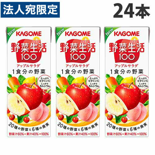 【必ずお読みください】お届け先の氏名に必ず法人名・屋号を記載ください。なお個人のお客様でもお届け先の氏名が法人名であればご注文いただけます。誤ってお届け先の氏名を個人名でご注文いただいた場合は、キャンセルさせていただきますのでご了承ください。素材と配合にこだわり1食分の野菜120g分(200mlあたり)を使用。りんごの爽やかな甘みと香りを楽しみながらビタミンCをたっぷり、カルシウムをしっかり摂れるので、家族みんながおいしく手軽に野菜を補える野菜飲料です。【栄養成分】200mlあたり・エネルギー・・・84kcal・たんぱく質・・・0.5g・脂質・・・0g・炭水化物・・・20.7g・ナトリウム・・・1〜131mg・糖質・・・20.2・糖類・・・18.5g・食物繊維・・・0〜1.0g・食塩相当量・・・0.002〜0.4g・カリウム・・・210〜590mg・カルシウム・・・34〜82mg・ビタミンA・・・32〜220μg・ビタミンC・・・48〜170mg・ビタミンK・・・0〜4μg・葉酸・・・0〜17μg・α-カロテン・・・100〜1100μg・β-カロテン・・・340〜2000μg■商品詳細メーカー名：カゴメシリーズ名：野菜生活100内容量：200ml×24本原材料：野菜(にんじん(輸入又は国産(5％未満))、トマト、赤ピーマン、赤じそ、紫キャベツ、ビート、だいこん、アスパラガス、たまねぎ、ケール、ブロッコリー、ほうれん草、メキャベツ(プチヴェール)、はくさい、セロリ、パセリ、キャベツ、レタス、かぼちゃ、クレソン)、果実(りんご、レモン、もも、ぶどう、アセロラ、パインアップル)：乳酸カルシウム、香料、ビタミンC、クエン酸購入単位：1箱(24本)配送種別：在庫品【検索用キーワード】4901306079195 S05641 s05641 カゴメ 野菜生活100 アップルサラダ 食品 飲料 ドリンク ジュース 飲物 のみもの KAGOME kagome Kagome 野菜生活 テトラパック テトラ テトラパック飲料 テトラ飲料 紙パック 紙パック飲料 紙パックジュース アップルサラダジュース リンゴ りんご アップル