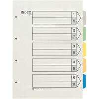 ファイル内の書類を分類・仕分けし、素早く書類を検索できるようにするファイル用見出しです。●規格：B4タテ●穴数：4穴●5色5山6枚1組●入数：1パック10組.