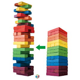 積み上げた6 色のブロックを抜いてはまた積み、くずしたら負け!●内容／ブロック（木製）×45本、サイコロ（木製）×1個157-696