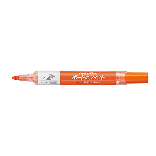 魅せ字ならボードにフィット。●ペン先：中字●インク色：橙(-F)●インク種類：アルコール系インク●本体長[mm]：135●軸寸法（径）[mm]：16●筆記線幅[mm]：2.3〜4.5●使い切りタイプ：使い切りタイプ●材質：キャップ・ノック・前軸・弁座：再生PP　軸：PP　ペン先：ナイロン繊維／線幅呼称：フィット芯●インキ成分：アルコール系油性顔料●機構： 生インキ、プッシュリフレッシュ方式（後部プッシュ式）、キャップ式（キャップ安全性：ISO規格適合）●重さ：16g ●包装単位：10本×40箱●JICFS分類：312013J764899