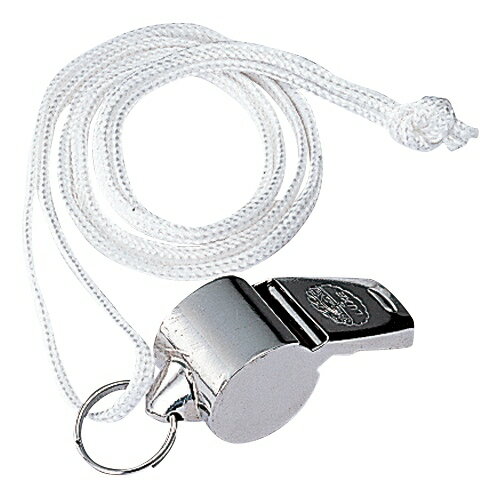 シンプルなタイプの呼子笛。●外寸：幅18×高20mm●ひも長さ：90cm●材質：本体=真鍮(ニッケルメッキ)、ひも=PPJ147553