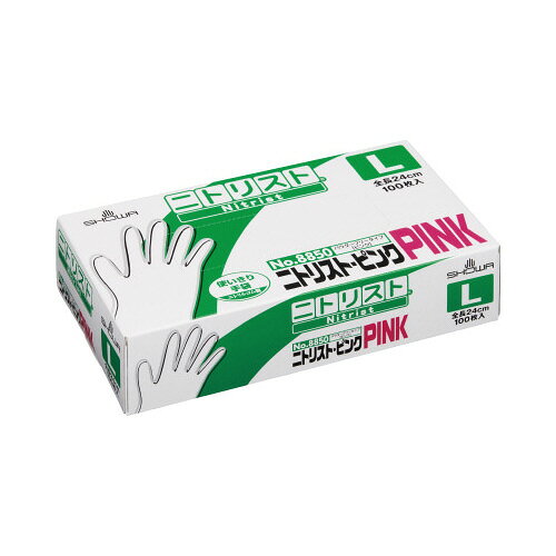 ●華やかなピンクで、均一な厚みで破れにくい、厚さ約0．075mmのレギュラータイプの使い捨てニトリルゴム手袋（粉なし）●カラー／ピンク●サイズ／L●寸法／全長240×掌幅105×中指長さ83mm●掌厚み／約0．075mm●箱寸法／横23．0cm×縦12．0cm×奥行5．5cm●質量／406g●仕様／左右兼用、パウダーフリー（粉なし）、使い切り●材質／ニトリルゴム●生産国／マレーシアk2027-9028