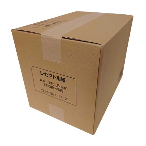 5ミリ穴のレセプト用紙。●入数：2500枚●寸法：A4●紙厚：88μm●坪量：64g/平方m●白色度：87%●繊維方向：長辺方向(縦目)●生産国：日本●穴径[mm]：5●規格：A4・1穴●500枚×5冊J145133
