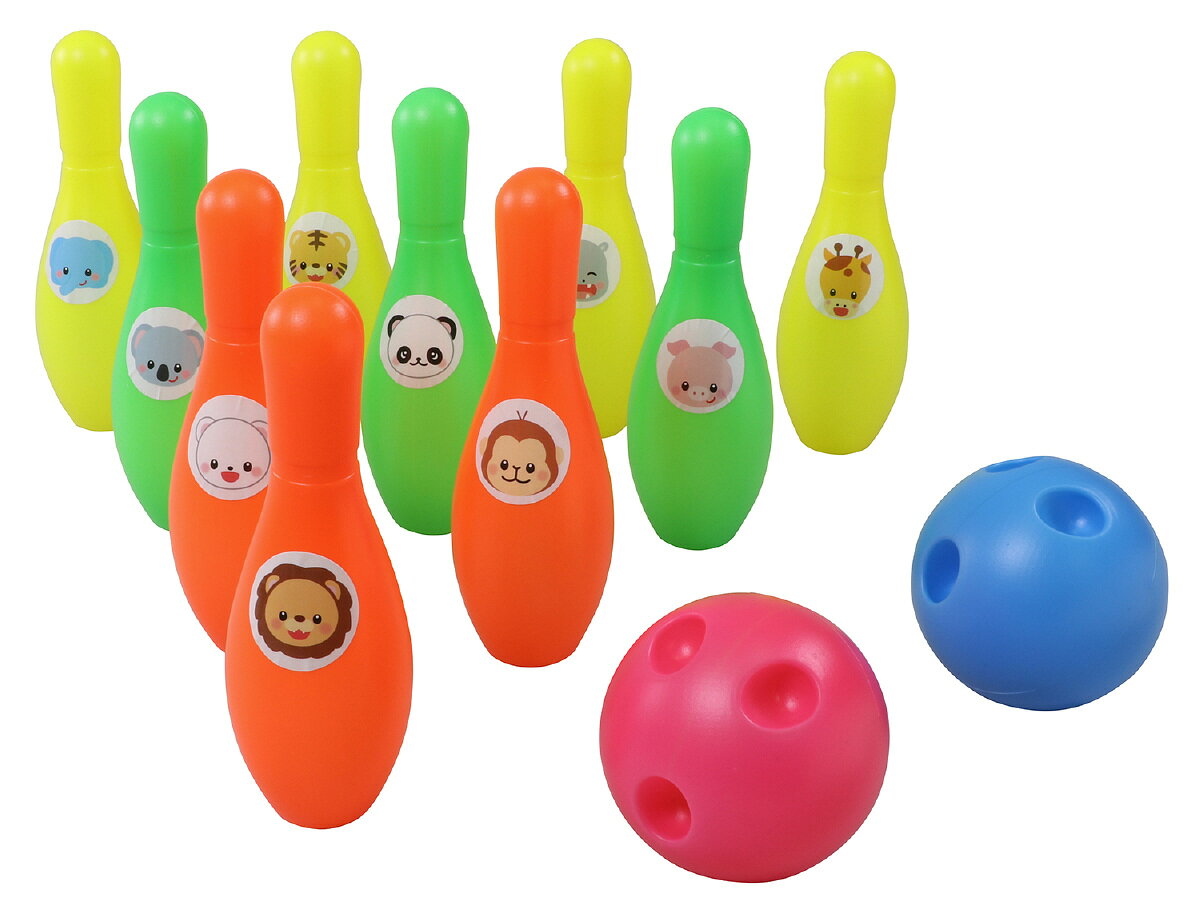 かわいい動物のシールを貼ってボーリングをしよう！商品サイズ／ピン：φ48×150mm、ボール1個重量／125g材質／PEセット内容／1個梱包形態／袋入り