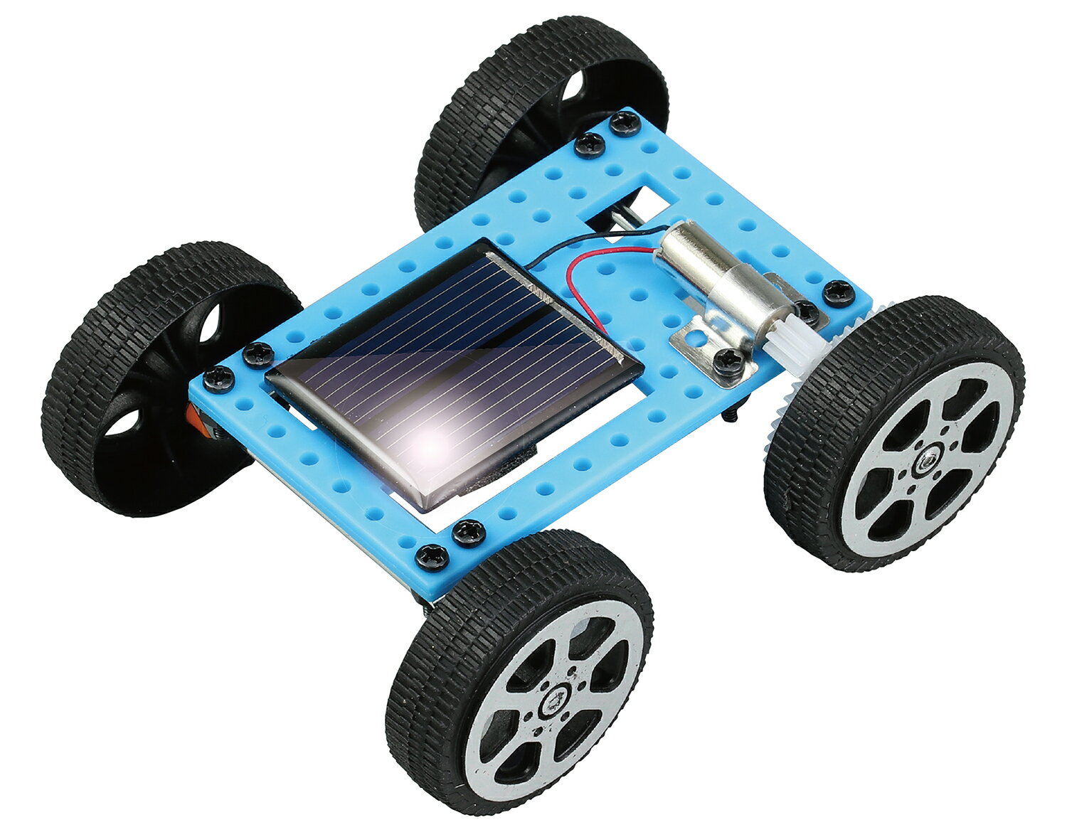 光→電力→動力 商品サイズ／組立時：80×64×30mm1個重量／32g材質／鉄・ソーラーパネルセット内容／ベース×1、車軸×2、ギヤ×1、スペーサー×4（内予備1）、金具A×4、金具B×1、タイヤ×4、ねじ×10（内予備1）、ナット×10（内予備1）、太陽電池付モーター×1、ドライバー×11個梱包形態／ヘッダー付き袋入り