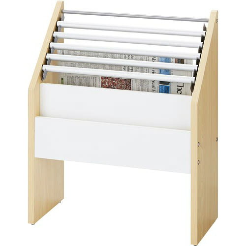 ●種別／新聞掛け●カラー／ナチュラル×ホワイト●外寸法／幅664×奥行300×高さ800mm●内寸法／収納部：幅610×奥行30×高さ252mm●材質／本体：メラミン化粧板・パーティクルボード、エッジ：PVC、アジャスター：PP、新聞ホルダー：アルミ、補強バー・新聞ホルダー受け：スチール●質量／12．3kg●耐荷重／収納部：約5kg●背面化粧／有●機能／アジャスター機能●生産国／中国●組立／お客様組立商品k2053-7173