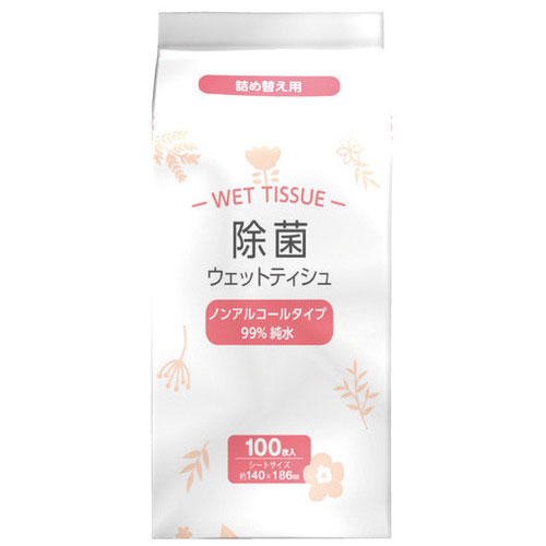 肌に優しい純水タイプ。●品目：ウェットティッシュー●入数：100枚●タイプ：ノンアルコール●シートサイズ：約140×約186mm●種別：つめかえ用●成分：純水、プロピレングリコール、ポリヘキサメチレングアニジン、塩化ベンザルコニウム、エチルヘキシルグリセリン、3-(4-クロロフェノキシ)-1、アルキル(C＝1〜25)グルコシド 、4'-ヒドロキシアセトフェノン●材質：不織布(レーヨン、ポリエステル)●注意事項：水には溶けませんのでトイレ等には流さないでください。●製造国：中国J223777
