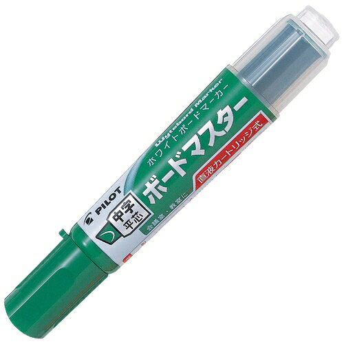 インク・ペン先が交換可能なホワイトボードマーカーです。替インクはカートリッジ式のため簡単に交換でき、インク交換の際に手を汚しにくいです。インクの残量に関わらず筆記線がかすれづらく、くっきりと書くことができます。また遠くからでもハッキリ見えるので、教室やレクリエーションの場でオススメです。●ペン先：中字●ペン先の芯形状：平芯●インク色：グリーン(-G)●インク種類：油性顔料（アルコール系）●直液タイプ：直液タイプ●本体長[mm]：135●軸寸法（径）[mm]：24●筆記線幅[mm]：2.2〜5.2●対応カートリッジ（補充インク）：P-WMRF8●詰め替え式：詰め替えカートリッジ式●品番：WMBM-12LC-G●種別：中字平芯●材質：軸・キャップ:リサイクル樹脂●製造国：日本J374086