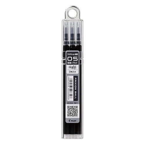 フリクションボールノック0.5mm 対応替芯です。●ボール径[mm]：0.5●インク色：黒(-B)●本体長[mm]：111●軸寸法（径）[mm]：6●インク種類：フリクションインキ●セット内容：黒、3本セット●種別：替芯●製造国：日本●注意事項：筆跡が乾いてから、専用ラバーで消去してください。高温になる場所に置かないでください。60℃以上でインキや筆跡が無色になります。−10℃前後になると消去した筆跡が戻る場合があります。公文書・宛名書き・保存用文書には使用しないでください。J876014