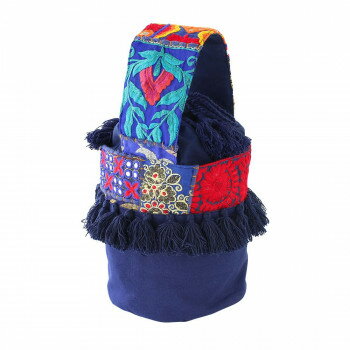 （同梱不可） カンバティアパッチ　バケツバッグ　ネイビー 13121795041 インドの古布にフリンジ、装飾..