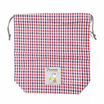 （同梱不可） PEANUTS スヌーピー マチあり巾着ギンガム レッド 色々使える大きめサイズのマチあり巾着袋