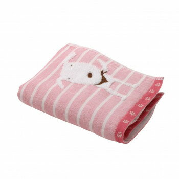 Face Towel - （同梱不可） Ponちゃんガーゼパステルボーダー フェイスタオル ピンク とぼけた表情の犬Ponちゃんに癒されるタオル