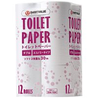 エコノミートイレットペーパーのダブルタイプ。・トイレットペーパー・1パック入数：12ロール・芯あり・材質：古紙パルプ配合率100％・仕様：ダブル30m・幅：107mm・ミシン目入、エンボス加工