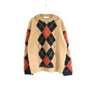 【中古】MAISON KITSUNE メゾンキツネ L メンズ ニット ニット 長袖 ミドルゲージ アーガイル柄 ベージュ 茶色 中古A 古着