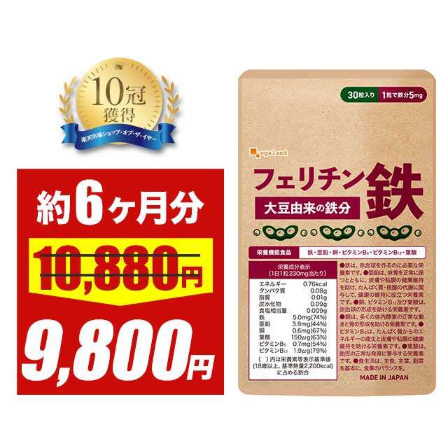 楽天サプリ専門店 オーガランド【大特価SALE】【新発売】 フェリチン鉄 （約6ヶ月分） 鉄分 サプリ 栄養機能食品 鉄 貯蔵鉄 オーガランド 女性 亜鉛 銅 葉酸 非ヘム鉄 小粒 1粒に5mg 高吸収 有機 やさしい 大豆由来 ドリンクより手軽に サプリメント ポイント消化 送料無 ポイント消費 送料無料