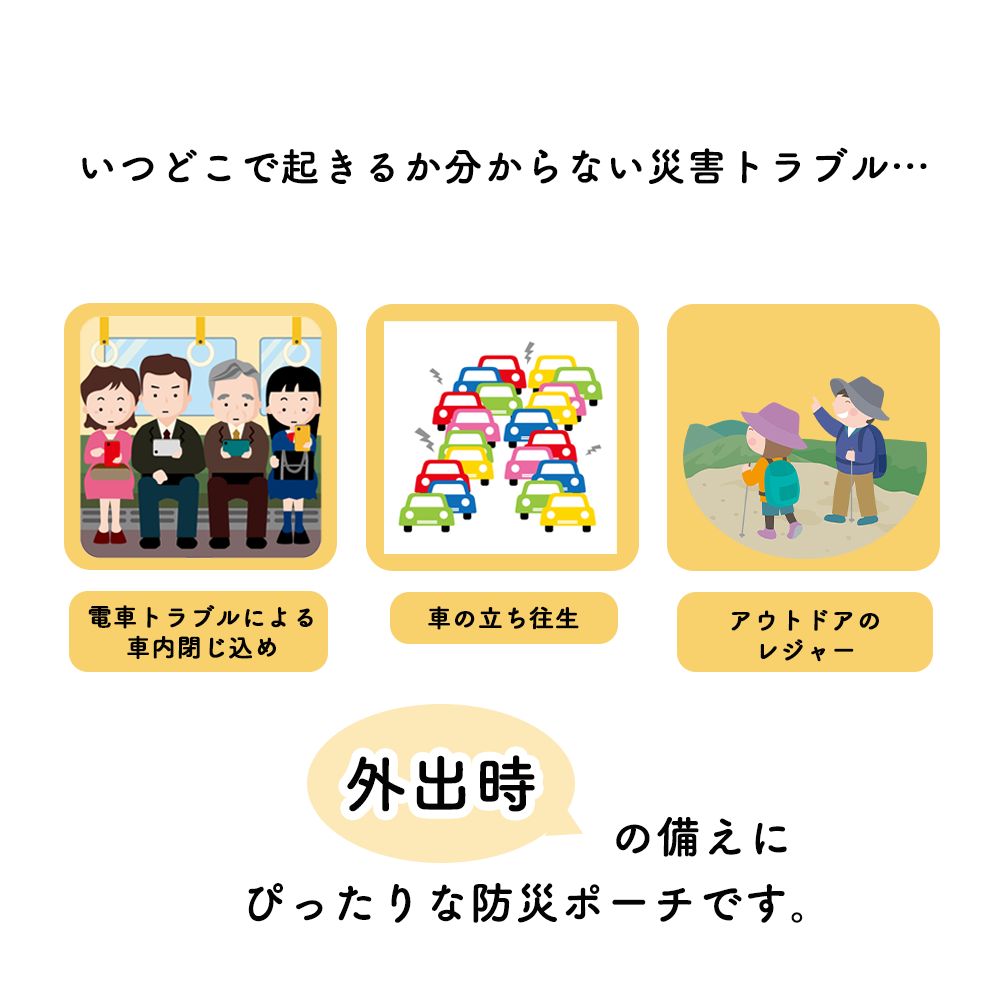 外出先での緊急事態に《災害常備ポーチ》災害対策 防災グッズ 非常用 防災セット 常備 コンパクト 軽量 持ち運び 便利 おしゃれ シンプル 水に強い 汚れに強い 防災カード 備蓄氷糖 ティッシュ 簡易トイレ マスク ホイッスル アルミブランケット 安心 安全 ogisoshop-10004193 まるくぱーじゅ 楽天市場店 サンプル画像3