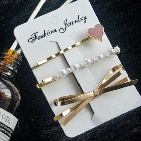 【アウトレット】メタルリボンデザイン ピンクハート フェイクパール 3本セットヘアピン 表示在庫限りで販売終了!