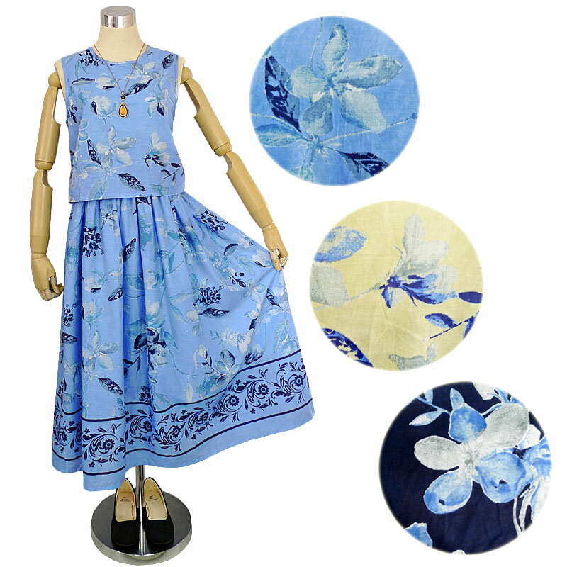 【アウトレット】ルームウェアにもおすすめ♪ナチュラルフラワー ノースリーブ フェイクセパレート セットアップ風 リラックスインド綿ワンピースのサムネイル