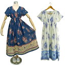 【アウトレット】ルームウェアにもおすすめ♪フラワーブーケ柄 フレアスリーブ リラックス リゾート インド綿ワンピース