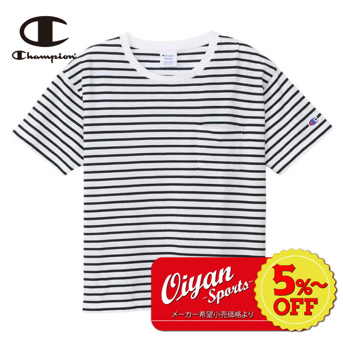 ★5%以上off★チャンピオン CHAMPION CW-X343 CASUAL WEAR HALF SLEEVE T-SH BORDER POCKET ホワイト 半袖 半そで Tシャツ ティーシャツ シャツ ボーダー カジュアル クルーネック コットン レディース ポケット きれいめ シンプル 大人 スポーティー 春 夏 秋 ポケT