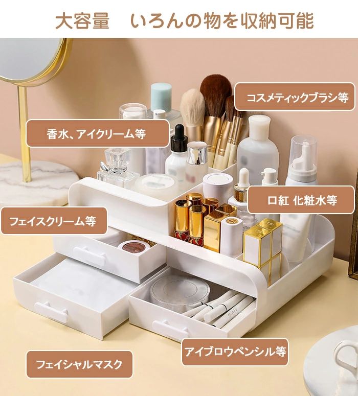卓上収納 ケース 引き出し 化粧品収納 収納ボックス 大容量 引き出し プラスチック 卓上収納 化粧品収納ケース 小物 小物収納 収納ケース ケース ボックス 引出し 積み重ね デスク周り 小物入れ デスク収納 机上収納 リビング/寝室/テーブル/事務室 28×18×12.5cm [2]