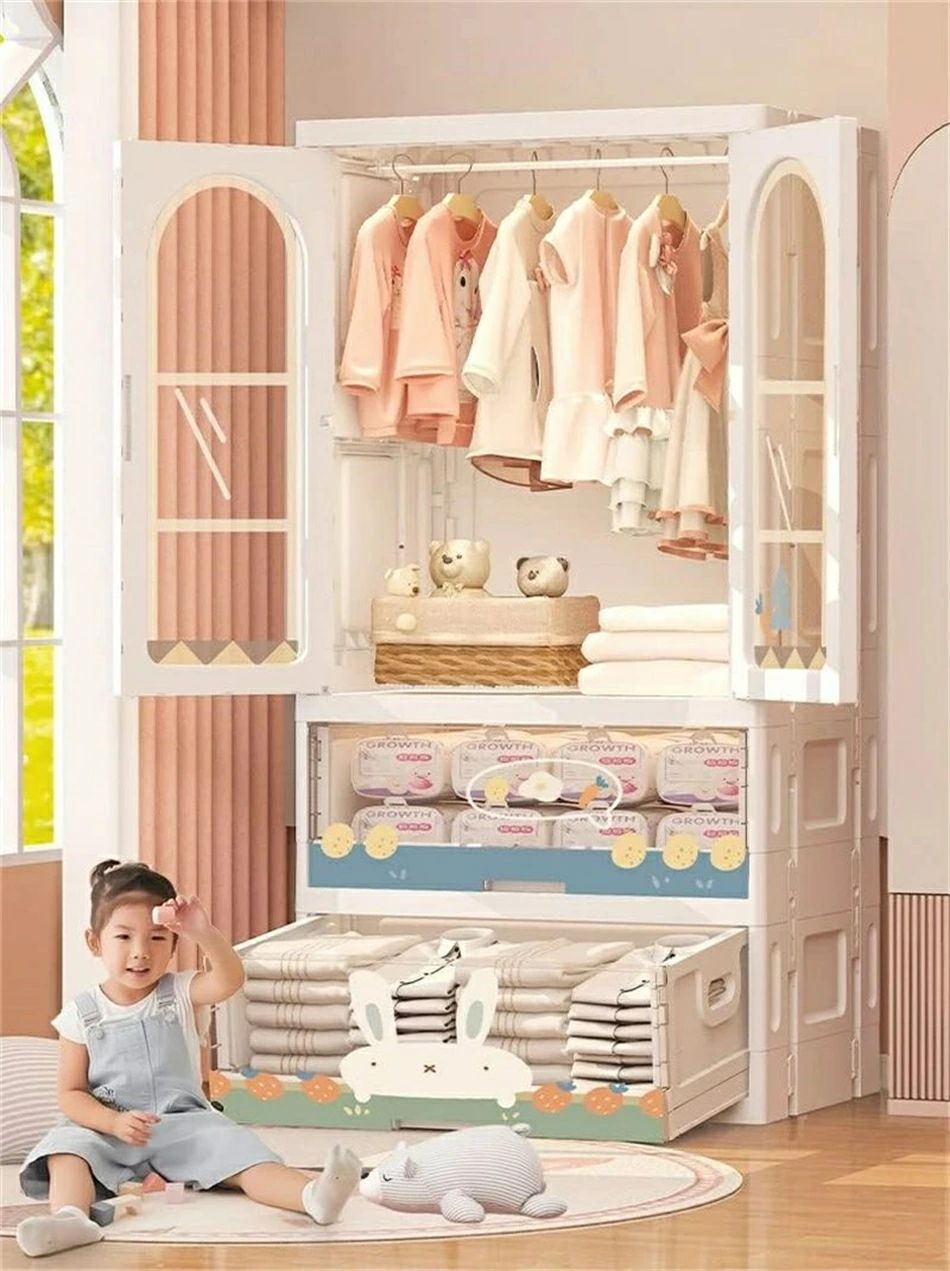 ワードローブ 扉付き 折り畳み式 子供用 かわいい ベービー用品収納 防塵 高耐荷重...