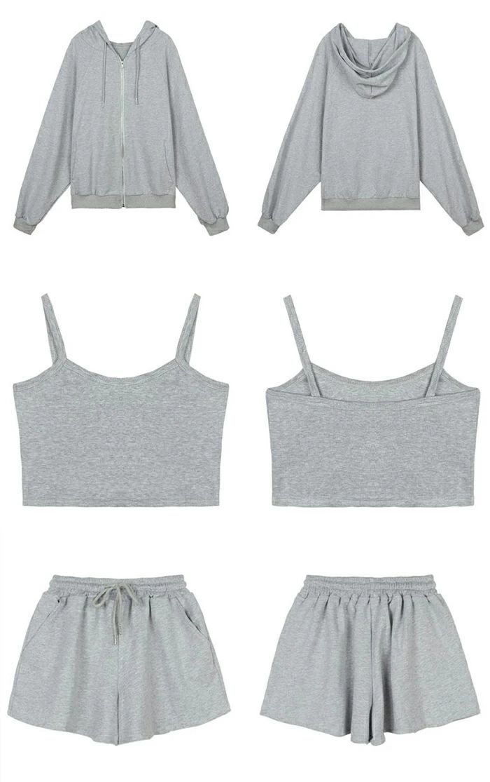 ルームウェア レディース セットアップ 上下セット パーカー キャミ ショーツ 春 部屋着 ワンマイルウェア 可愛い お洒落 シンプル 無地 クロップド丈 スウェット ポケット付き 韓国 グレー