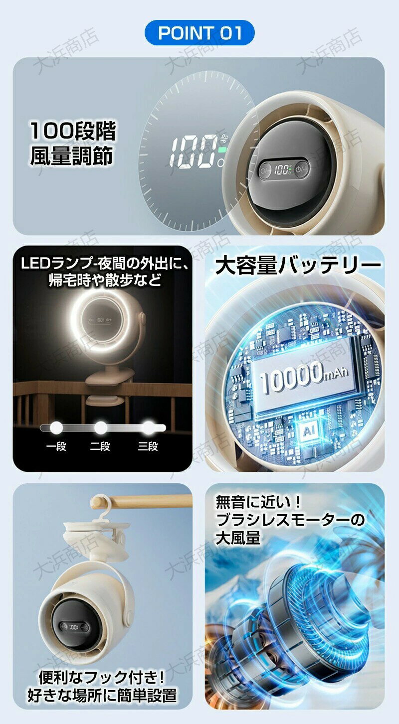 【2025年新作】4WAYマルチファン扇風機｜360°首振り｜USB充電式｜大容量バッテリー（3600mAh/7200mAh）｜最大14時間連続使用｜LEDナイトライト付き｜アロマディフューザー機能｜扇風機アウトドア/防災/卓上/壁掛け対応
