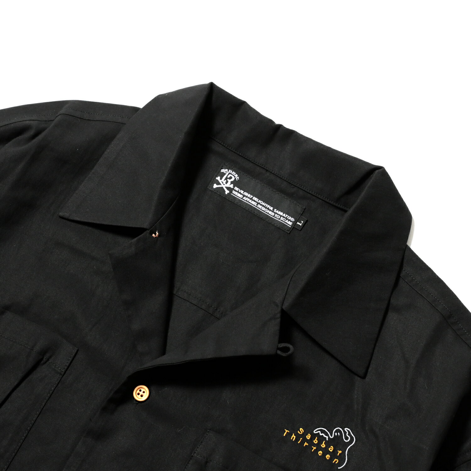 【SABBAT13 / SPOOK CUBA SHIRTS / BLACK】サバトサーティーン サバト13 サバト キューバシャツ オープンカラー 開襟 シャツ 半袖シャツ ブラック 黒ブランドシャツ メンズブランド 刺繍シャツ メンズ 半袖メンズシャツ ストリートブランド ストリート系 ブラックシャツ