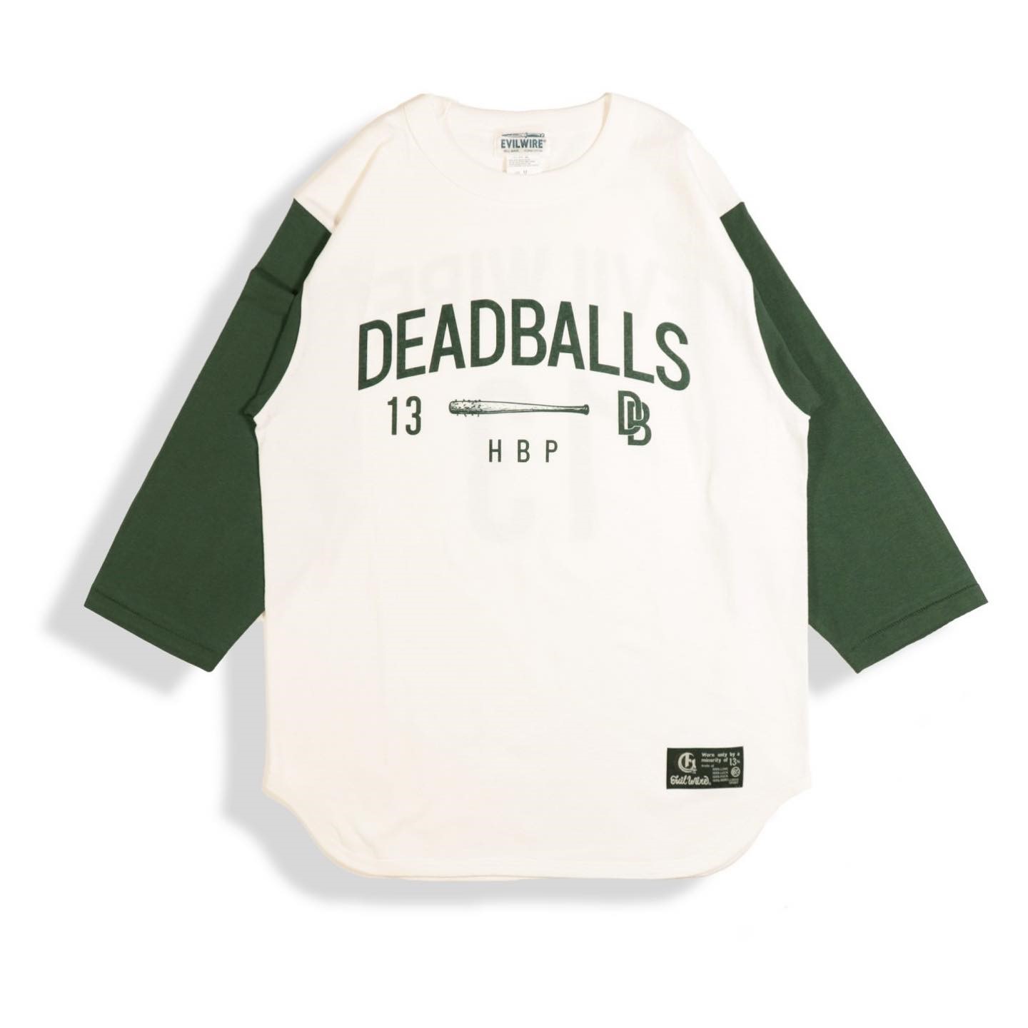 y EVILWIRE / DEADBALLS 13 3/4 Sleeve Tee / GREEN ~ NATURAL z@C[rC[@CrC[@TVc@7@i`@@O[@΁@2g[@oCJ[@