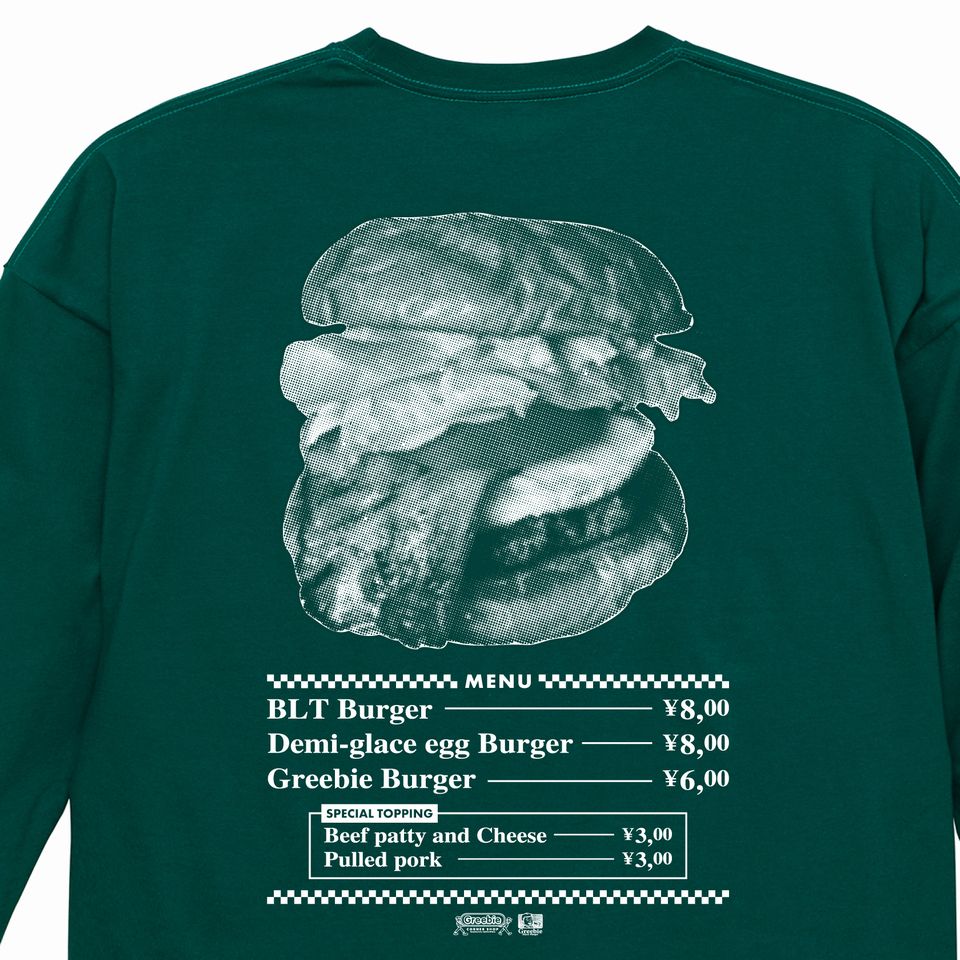 【 Greebie / Burger Menu L/S Tee / FOREST GREEN 】　グリービー　Tシャツ　ロンT　長袖　フォレストグリーン　グリーン　緑　深緑　送料無料