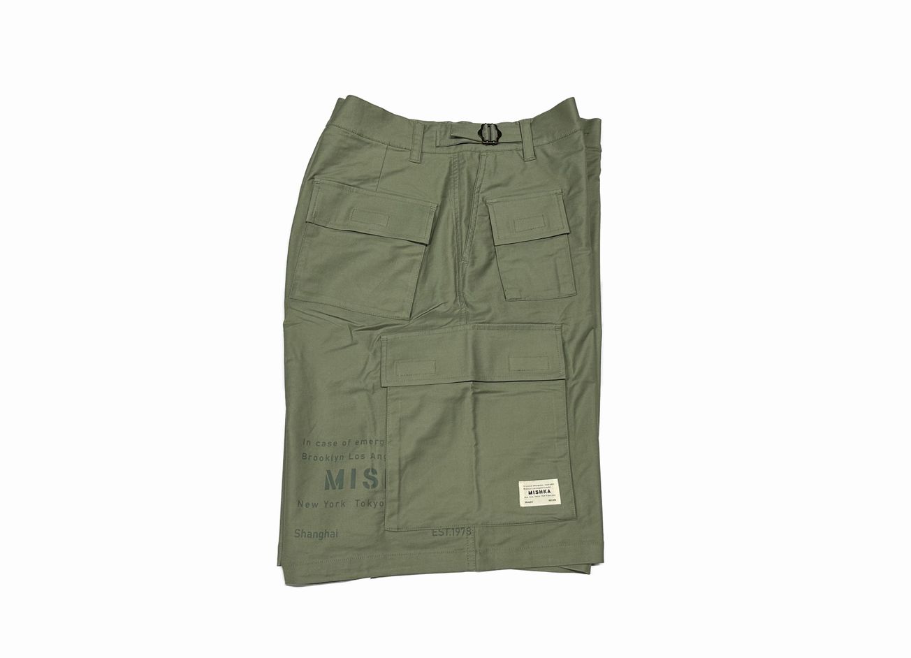 【 MISHKA / Printed woven cargo shorts / ARMY GREEN 】 ミシカ　パンツ　ショートパンツ　ショーツ　カーゴパンツ　カーゴショーツ　アーミーグリーン　カーキ　オリーブ　送料無料