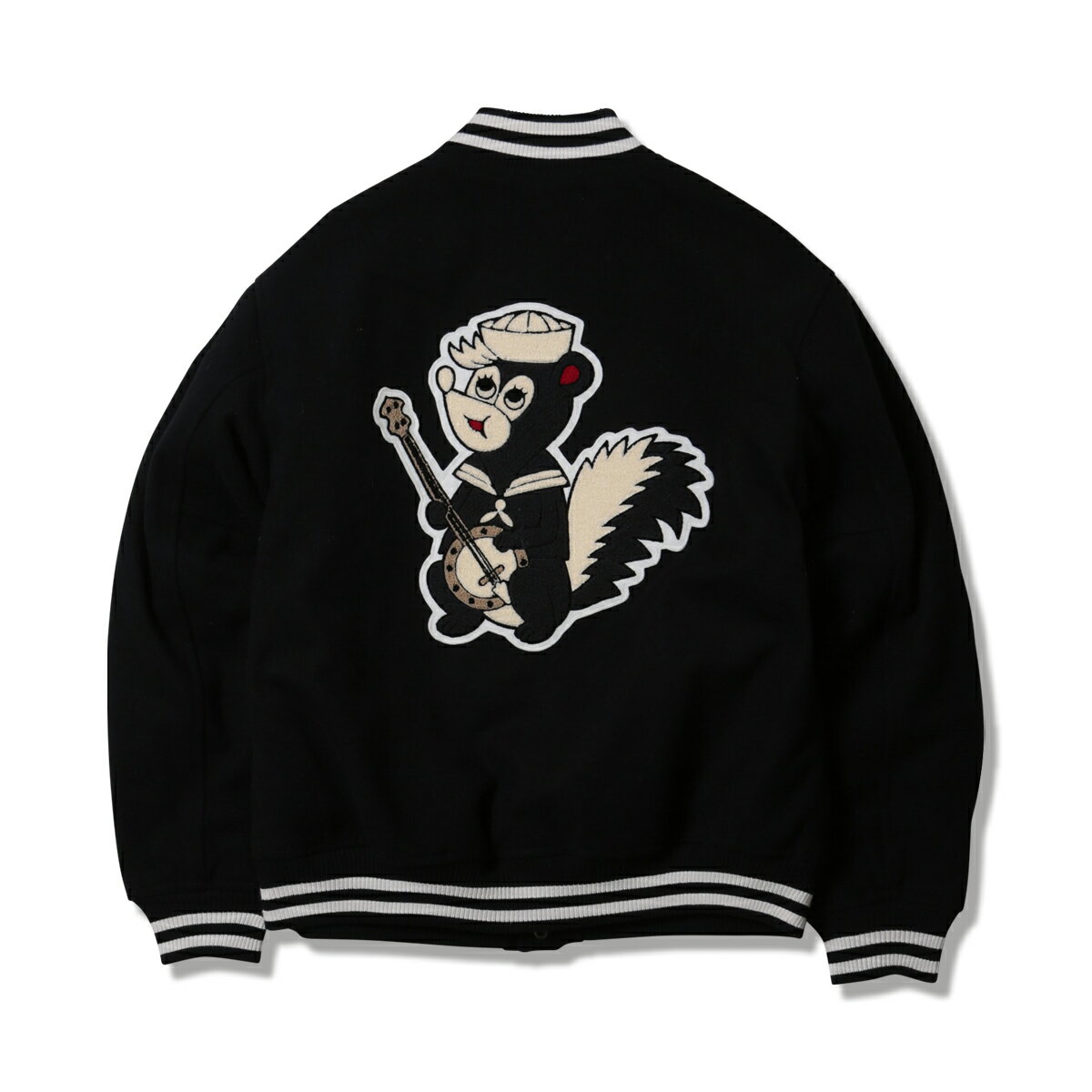 【 ANIMALIA / MELTON STADIUM JACKET / BLACK 】アニマリア ベースボール ジャケット スタジャン メルトン サガラ ワッペン スカンク バンジョーブラック 黒ブランドアウター メンズ スタジアムジャンパーメンズ ストリート系 スタジャンメンズブランド