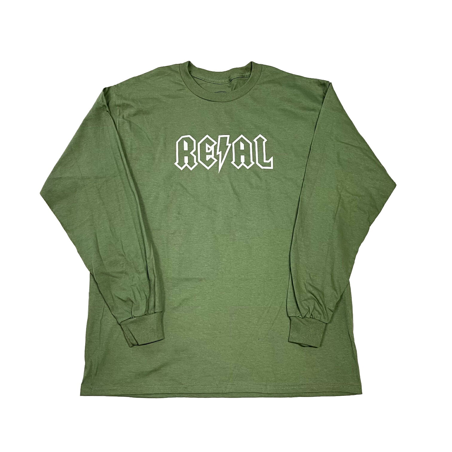 y REAL / DEEDS L/S TEE / MILITARY GREEN z A  TVc I[u O[  XP[g{[h
