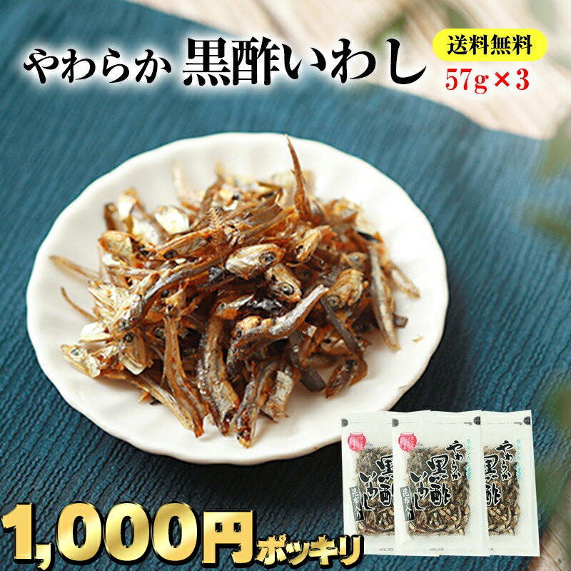 【1,000円ポッキリ★さらに当商品2セット購入で全19種から1種おまけつき】珍味 やわらか黒酢いわし昆布入り 57g×3袋 送料無料 酒のつまみ おつまみ おかず 魚介 イワシ メール便のサムネイル
