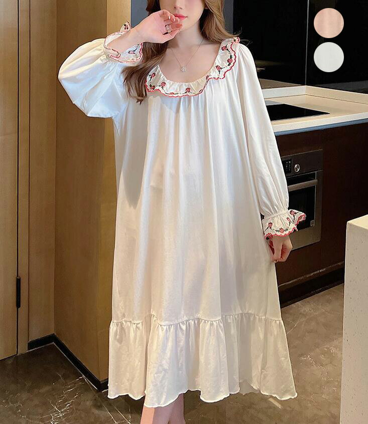 【送料無料】パジャマワンピース 刺繍 花柄ネグリジェ 寝間着 女性 パジャマ ルームウェア レディース ネグリジェ 姫系 春夏 長袖パジャマ 綿 可愛い 部屋着 寝巻き ゆったり ホワイト 婦人パジャマ 韓国風 ナイトウェア 体型カバー 母の日 妻 彼女 プレゼント