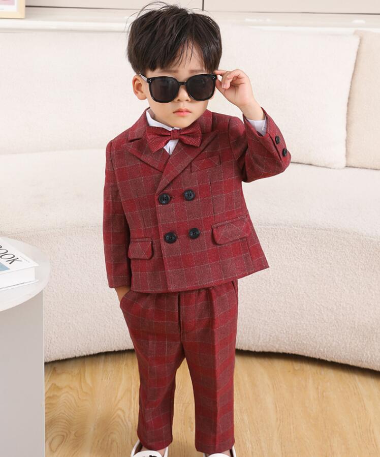Rakuten - 【送料無料】男の子スーツ ベビー服 子供服 上下セット フォーマルスーツ 子供スーツ カジュアルスーツ 男の子 スーツ キッズ 入学式 入園スーツ こどもスーツ 卒業式 スーツ 七五三 結婚式 発表会 パーティー 80-160cm 5点 ジャケット+ベスト+パンツ+蝶結び+コサージュ