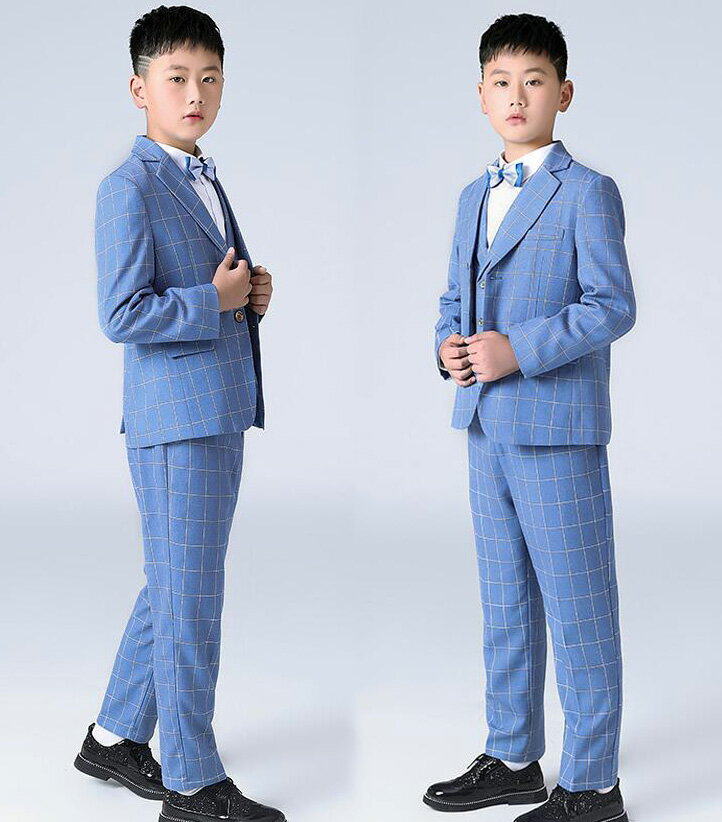 Rakuten - 【送料無料】子供服 こどもスーツ フォーマルスーツ 男の子スーツ ジュニア 上下セット チェック柄 入学/入園スーツ 卒業式 男の子 スーツ 子供スーツ キッズ 七五三 結婚式 発表会 パーティー ブレザー カジュアルスーツ 5点セット ジャケット+パンツ+ベスト+シャツ+蝶結