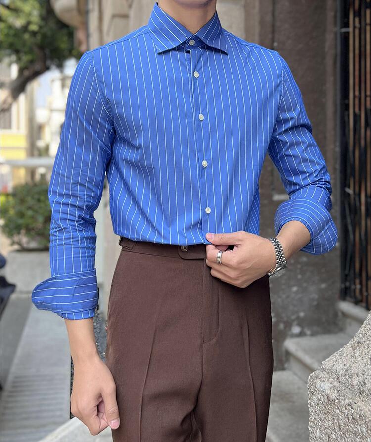 【送料無料】長袖ワイシャツ メンズ トップス Yシャツ かっこいい お兄ちゃん系 折り襟 長袖 ボタンダウン ストライプ ワイシャツ スーツシャツ メンズシャツ スリム ビジネス スーツ シャツ ブラウス ビジネスマン 通勤 会社 就活シャツ 男性 プレゼント お祝い おしゃれ