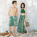【送料無料】ペア水着 男女セット 水着 メンズ水着 レディース水着 カップル ビキニ タンキニ お揃い ビーチ水着 ビーチパンツ 4点セット 葉柄 セパレート ...