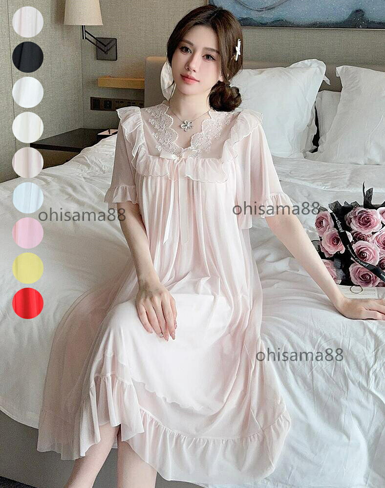 樂天商城 - 【送料無料】パジャマワンピース 夏 ルームウェア セクシー パジャマ 部屋着 短袖 婦人パジャマ レースパジャマ 可愛い お姫様風 レディースパジャマ ランジェリー ナイトウェア 体型カバー ネグリジェ 女性 妻 彼女 誕生日プレゼント