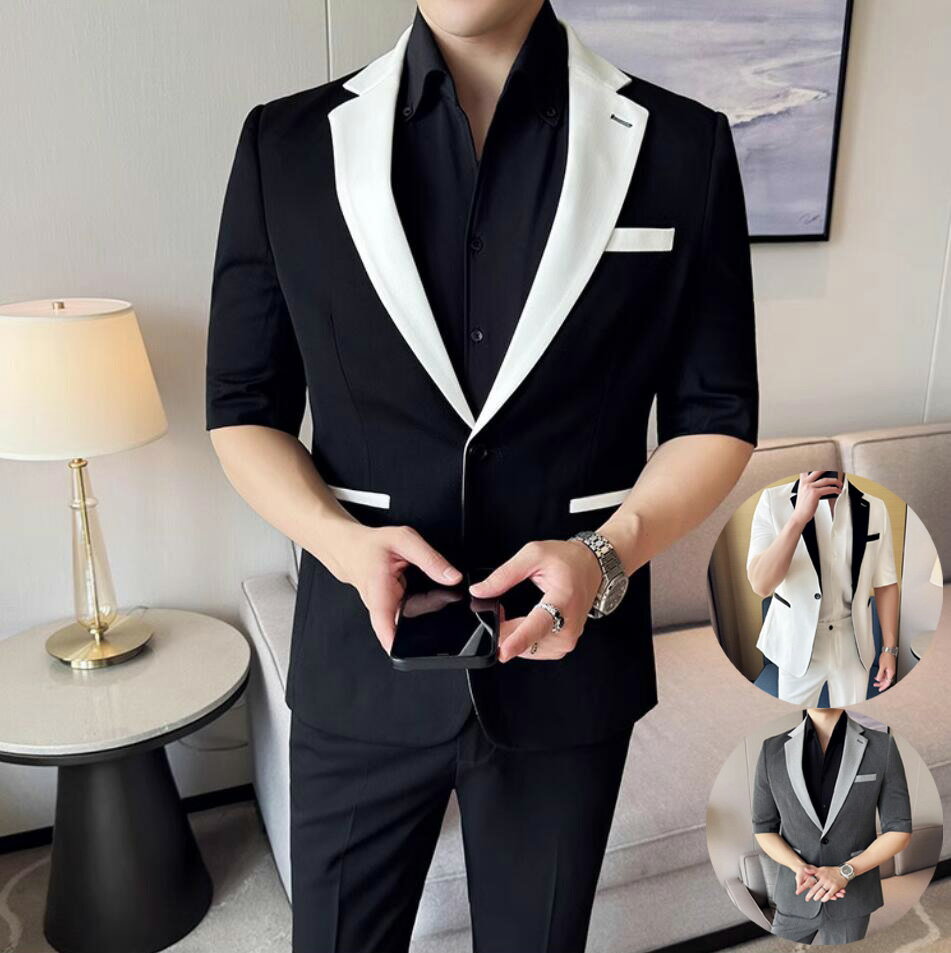 【送料無料】カジュアルスーツ メンズ 韓国風 紳士服サマースーツ 夏用 セットアップ 2点セット ジャケット お兄ちゃん系 シングルスーツ 七分袖 上下セット パンツ スーツセット 男性 メンズスーツ 細身 ビジネススーツ 入学 卒業 入社式 通勤 結婚式 披露宴