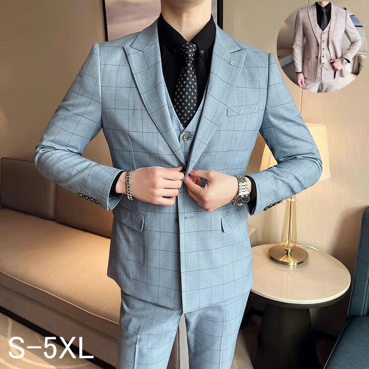 【送料無料】韓国風 スリムスーツ 3ピーススーツ 結婚式スーツ フォーマルスーツ 紳士服 ビジネススーツ スリーピース スーツ セットアップ 通勤 披露宴 司会 舞台 パーティー スーツ 成人式 父の日 息子 プレゼント 春夏秋冬 3点セット ジャケット+パンツ+ベスト