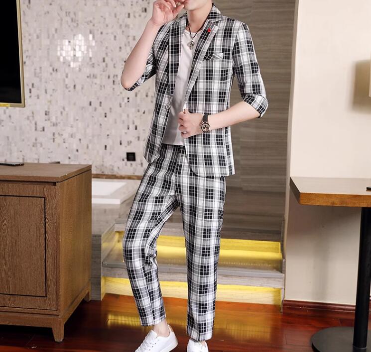 【送料無料】シングルスーツ スーツ チェック柄 メンズ 2点セット ジャケット パンツ 中袖 上下 スリムスーツ メンズスーツ カジュアルスーツ 夏 ビジネス スタイリッシュ スーツセット 通勤 セットアップ 結婚式 パーティ 披露宴 卒業式 入学式 入社式 新生活 着痩せ