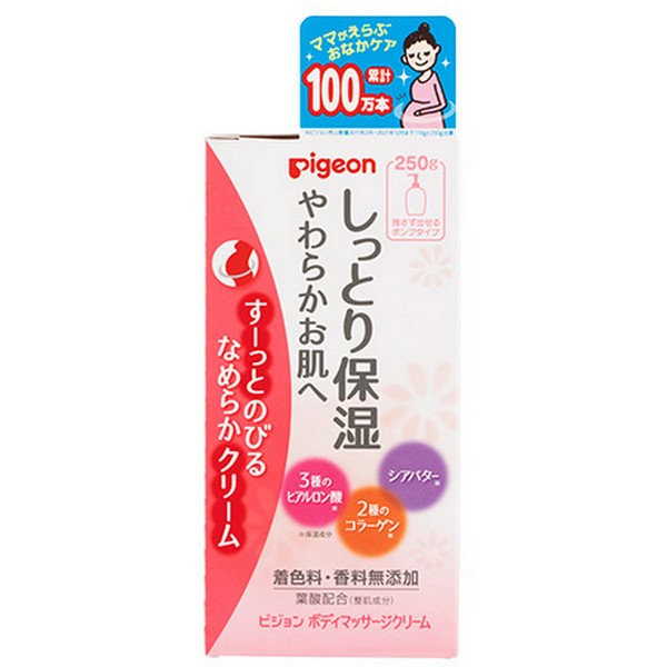 ※商品リニューアル等によりパッケージデザイン及び容量は予告なく変更されることがあります ■ おなかや太ももなど、気になる部分をしっとり保護し、柔らかお肌へ導くマッサージケアクリームです。 たっぷり使える、ポンプタイプ。 すーっとのびるなめらかクリームが、お肌にさっとなじみ、手早くケアできます。 ■ 妊娠中の方にも、お肌の乾燥しがちな方にもお使いいただける、お肌にやさしいクリームです。 3種のヒアルロン酸・2種のコラーゲンが肌表面から角質層まで保湿。 天然植物性油脂・シアバター配合。うるおいをとじ込め、乾いたお肌をしっとり柔軟にします。 ■ 美しいお肌を保つ、レグーストレッチ※配合。 ※パンテノール、ニガハッカエキス、パルミトイルトリペプチド-5 ■ 無添加（香料・着色料・パラベン・アルコール） 成分 水、パルミチン酸エチルヘキシル、グリセリン、ワセリン、水添ナタネ油アルコール、ラウリン酸ポリグリセリル-10、パルミチン酸ソルビタン、ステアレス-5、シア脂、アラリアエスクレンタエキス、葉酸、加水分解ヒアルロン酸、ヒアルロン酸Na、ヒアルロン酸ヒドロキシプロピルトリモニウム、加水分解コラーゲン、水溶性コラーゲン、ジメチコン、トコフェロール、ステアロイルメチルタウリンNa、キサンタンガム、水酸化K、クエン酸、クエン酸Na、トリラウリン酸ポリグリセリル-10、（アクリレーツ/アクリル酸アルキル（C10-30））クロスポリマー、エチルヘキシルグリセリン、カプリル酸グリセリル、フェノキシエタノール、BG 内容 250g ご使用方法 手のひらに適量をとり、やさしくマッサージするようにお肌になじませてください。 ご注意 お肌に異常が生じていないか、よく注意してご使用くださ い。 使用中、又は使用したお肌に直射日光があたって、赤 み・はれ・かゆみ・刺激・色抜け(白斑等)や黒ずみ等の異常が 現れた場合は、使用を中止し、皮フ科専門医などへご相談く ださい。そのまま使用を続けますと症状が悪化することが あります。 傷やはれもの、湿しん等異常のある部位にはお 使いにならないでください。 目に入ったときには、すぐにき れいな水で洗い流してください。 乳幼児の手の届かない ところに保管してください。 極端に高温又は低温の場所、 直射日光のあたる場所には保管しないでください。 おっぱ いへの刺激は子宮の収縮を促しますので、出産前でおなか が張りがちな方や切迫早産ぎみの方はマッサージしないで ください。 クリームのほのかな黄色は葉酸の色です。 製造販売元 ピジョン株式会社 103-8480 東京都中央区日本橋久松町4番4号 0120-741-887 製造国 日本 商品区分 化粧品 広告文責 株式会社ヤマト薬品店（070-1821-1361）