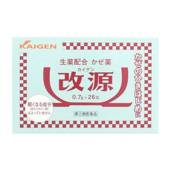 ※パッケージデザイン等は予告なく変更されることがあります ◆ 改源は非ピリン系のかぜ薬です ◆ 眠くなる成分(抗ヒスタミン剤)は入っていません ◆ かぜの回復を助ける生薬成分のカンゾウ末、ケイヒ末、ショウキョウ末を配合しています ◆ 独特な風味があります 効能・効果 かぜの諸症状（のどの痛み、せき、たん、悪寒、発熱、頭痛、関節の痛み、筋肉の痛み)の緩和 成分・分量 ● 大人1日量3包（2,100g）中に次の成分を含んでいます 成分 含量 作用 アセトアミノフェン 900mg 熱を下げ、頭痛、関節の痛みなどをやわらげます dl-メチルエフェドリン塩酸塩 30mg せきをしずめ、のどを楽にします 無水カフェイン 75mg 頭痛をやわらげます カンゾウ末 200mg せきをしずめ、たんを出しやすくし、かぜの回復を助けます ケイヒ末 200mg 頭痛をやわらげ、熱を下げ、かぜの回復を助けます ショウキョウ末 100mg せきをしずめ、かぜの回復を助けます 添加物としてアマチャ末、?-メントール、d-ボルネオール、チョウジ油、バニリン、香料、無水リン酸水素カルシウムを含有します 用法・用量 次の1回量を1日3回、食後なるべく30分以内に服用してください 年齢 15才以上 11以上 15才未満 7才以上 11才未満 3才以上7才未満 1才以上3才未満 1回量 1包 2/3包 1/2包 1/3包 1/4包 容量 26包 使用上の注意 してはいけないこと （守らないと現在の症状が悪化したり、副作用・事故がおこりやすくなります） 次の人は服用しないでください 本剤によるアレルギー症状を起こしたことがある人 本剤又は他のかぜ薬、解熱鎮痛薬を服用してぜんそくを起こしたことがある人 本剤を服用している間は、次のいずれの医薬品も服用しないで下さい 他のかぜ薬、解熱鎮痛剤、鎮静剤、鎮咳去痰薬、抗ヒスタミン剤を含有する内服薬（鼻炎用内服薬、乗物酔い薬、アレルギー用薬） 服用時は飲酒しないで下さい 長期連用しないでください 相談すること 次の人は服用前に医師又は薬剤師に相談してください 医師又は歯科医師の治療を受けている人 妊娠又は妊娠していると思われる人 授乳中の人 高齢者 本人または家族がアレルギー体質の人 薬によりアレルギー症状を起こしたことがある人 次の症状がある人 高熱 次の診断を受けた人 心臓病、肝臓病、高血圧、甲状腺機能障害、糖尿病、腎臓病、胃・十二指腸潰瘍 次の場合は、直ちに服用を中止し、この文書を持って医師又は薬剤師に相談してください 服用後、次の症状があらわれた場合 皮ふ・・・発疹・発赤、かゆみ 消化器・・・悪心・嘔吐、食欲不振 精神神経系・・・めまい まれに下記の重篤な症状が起こることがあります。その場合は直ちに医師の診療を受けてください ショック（アナフラキシー） 服用後すぐにじんましん、浮腫、胸苦しさ等とともに、顔色が青白くなり、手足が冷たくなり、冷や汗、息苦しさ等があらわれる 皮膚粘膜眼症候群（スティーブンス・ジョンソン症候群） 中毒性表皮壊死症（ライエル症候群） 高熱を伴って、発疹・発赤、火傷様の水ぶくれ等の激しい症状が、全身の皮膚、口や目の粘膜にあらわれる 肝機能障害 全身のだるさ、黄だん（皮ふや白目が黄色くなる）等があらわれる 間質性肺炎 空せき（たんを伴わないせき）を伴い、息切れ、呼吸困難、発熱等があらわれる。（これらの症状は、かぜの症状と区別が蒸すかしいこともあり、空せき、発熱などの症状が悪化した場合にも、服用を中止するとともに、医師の診療をうけること） ぜんそく 5〜6回服用しても症状がよくならない場合 次の症状があらわれることがあるので。このような症状の継続又は増強が見られた場合には、服用を中止し、医師又は薬剤師に相談してください 便秘、口のかわき 用法・用量に関連する注意 定められた用法・用量を厳守して下さい 小児に服用させる場合には、保護者指導監督のもとに服用させてください 2歳未満の乳幼児には、医師の診療を受けさせることを優先し、止むを得ない場合にのみ服用させてください 1歳未満には服用させないでください 保管及び取扱い上の注意 直射日光の当たらない湿気の少ない涼しい所に保管してください 小児の手のとどかない所に保管してください 1包を分割し服用した残りを使用する場合には、袋の口を折り返して保管し、2日以内に服用してください 他の容器に入れかえないでください（誤用の原因になったり品質が変わります） 大入包装（60包）に貼付している袋は携帯用としてお使いください 外箱に表示の使用期限を過ぎた製品は服用しないでください 製造販売元 カイゲンファーマ株式会社 大阪市中央区道修町二丁目5番14号 06-6202-8911 製造国 日本 使用期限 使用期限が180日以上あるものをお送りします 商品区分 指定第2類医薬品 広告文責 株式会社ヤマト薬品店（070-1821-1361）