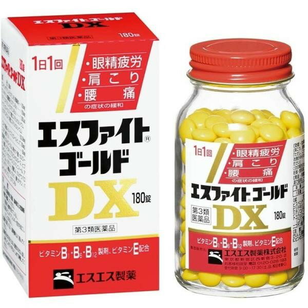 ※パッケージデザイン等は予告なく変更されることがあります 〜眼精疲労・肩こり・腰痛に効く！1日1回の服用〜 &nbsp;★1日1回の服用で、目・肩・腰のつらい症状に効果を発揮 &nbsp;★筋肉や神経の機能維持に必須なビタミンB1・B6・B12製剤 &nbsp;★ビタミンB1・B6・B12をサポートするビタミンE・ニコチン酸アミドも配合 効能・効果 次の諸症状の緩和： 眼精疲労、筋肉痛・関節痛（肩こり、腰痛、五十肩など）、神経痛、手足のしびれ 「ただし、これらの症状について、1ヵ月ほど使用しても改善がみられない場合は、医師又は薬剤師に相談してください」 次の場合のビタミンB1・B6・B12の補給：肉体疲労時、妊娠・授乳期、病中病後の体力低下時 成分・分量 (3錠中) ビスベンチアミン(ビタミンB1誘導体)：100mg ビタミンB6：100mg ビタミンB12：1500μg (*ビタミンB1、ビタミンB6、ビタミンB12は、筋肉や神経の機能維持に必須であり、エネルギーの生産をうながしたり、神経の伝達をたすけたりすることによって、神経の筋肉の疲れからくる目・肩・腰の症状をやわらげていきます。) ビタミンEコハク酸エステルカルシウム(コハク酸dl-α-トコフェロールとして100mg)：103.58mg (ビタミンEは、血管を丈夫にし体のすみずみに血液をいきわたらせます。疲れがたまった筋肉や神経組織に酵素や栄養を補給する一方、老廃物の除去をうながし、ビタミンB1、ビタミンB6、ビタミンB12の働きをたすけます。) ニコチン酸アミド：60mg (*ニコチン酸アミドは、ビタミンB1やB6などと協力し、筋肉や神経組織の活動に必要なエネルギーの産生をうながす働きがあります。) 添加物として、CMC-Ca、無水ケイ酸、セルロース、白糖、ヒドロキシプロピルセルロース、ヒドロキシプロピルメチルセルロース、マクロゴール、D-マンニトール、アラビアゴム、カオリン、炭酸Ca、カルナウバロウ、ステアリン酸Mg、タルク、酸化チタン、バレイショデンプン、ビタミンB2を含有します。 容量 180錠 用法・用量 次の1回量を1日1回、水又はぬるま湯で服用してください。 年齢成人(15才以上)11〜14才5〜10才5才未満1回量2〜3錠1〜2錠1錠×服用しないこと 《用法用量に関連する注意》 用法・用量を厳守してください。 食前・食後にかかわらず、いつでも服用できます。 小児に服用させる場合には、保護者の指導監督のもとに服用させてください。 使用上の注意 《相談すること》 次の人は服用前に医師、薬剤師又は登録販売者に相談してください 医師の治療を受けている人。 薬などによりアレルギー症状を起こしたことがある人。 服用後、次の症状があらわれた場合は副作用の可能性があるので、直ちに服用を中止し、この説明書を持って医師、薬剤師又は登録販売者に相談してください 関係部位症状皮ふ発疹・発赤、かゆみ消化器吐き気・嘔吐、胃部不快感 　　　服用後、次の症状があらわれることがあるので、このような症状の持続又は増強が見られた場合には、服用を中止し、医師、薬剤師又は登録販売者に相談してください 便秘、軟便、下痢 　　　1ヵ月位服用しても症状がよくならない場合は服用を中止し、この説明書を持って医師、薬剤師又は登録販売者に相談してください 　　　服用後、生理が予定より早くきたり、経血量がやや多くなったりすることがあります。出血が長く続く場合は、医師、薬剤師又は登録販売者に相談してください 保管及び取扱い上の注意 《保管及び取扱い上の注意》 直射日光の当たらない湿気の少ない涼しい所にビンのフタをよくしめて保管してください。 小児の手の届かない所に保管してください。 他の容器に入れ替えないでください。（誤用の原因になったり品質が変わることがあります。） 本剤をぬれた手で扱わないでください。ぬれた手で扱うと、糖衣にムラができたり、変色したりすることがあります。 ビンの中のつめ物は、輸送中に錠剤が破損するのを防ぐためのものです。開封後は不要となりますので取り除いてください。 使用期限をすぎたものは服用しないでください。 製造販売元 エスエス製薬株式会社 〒103-8481 東京都中央区日本橋浜町2丁目12番4号 0120-028-193 使用期限 使用期限が180日以上あるものをお送りします 製造国 日本 商品区分 第3類医薬品 広告文責 株式会社ヤマト薬品店（070-1821-1361）